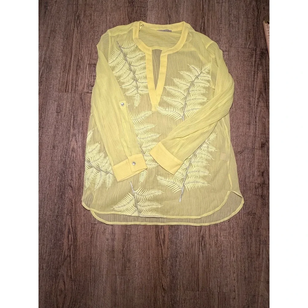 Joan Vass Yellow Fern Embroidered Sheer Tunic Blouse Size M‎ Long Sleeve Tab Top - Picture 2 of 9